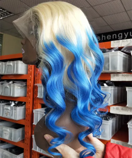 Custom Highlight Blue Color 100% Brazilian Human Hair Wig Unit, Custom Wavy Human Hair Wigs For African American