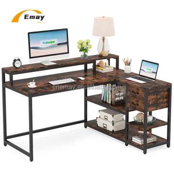 L-Shape Wooden Computer Desk with Drawer, Shelves, and Monitor Stand