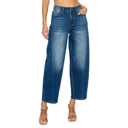 Women Casual Medium Blue Cropped Jeans Stretch Denim Pants
