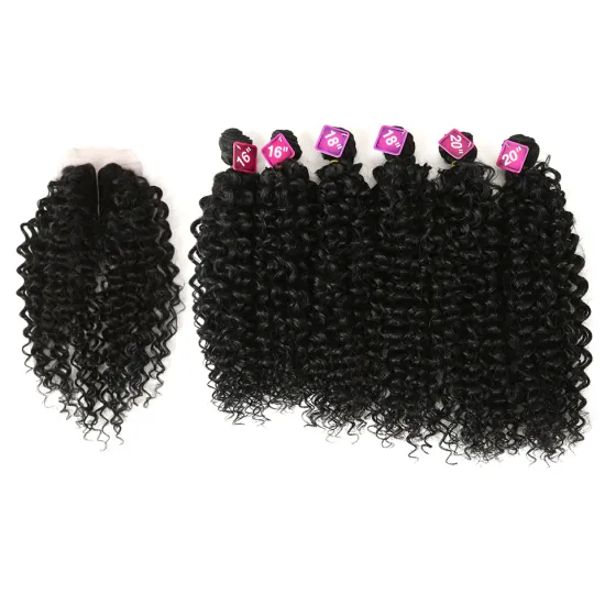 16-20 inch Afro Kinky Curly Hair Weave Bundles With Lace Closure For Black Women Heat Resistant Fiber Synthetic Hair Extension