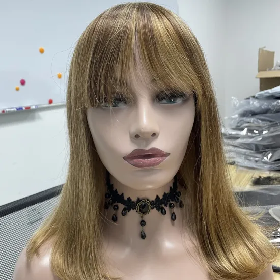 Human Hair Wigs with Bangs 100% Virgin Human hair Straight Bob wig 14 inches Chocolate Brown/Caramel Blonde Short Bob Wigs