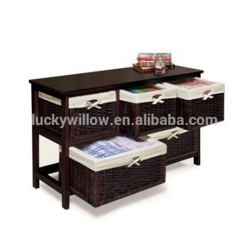 dark colored wooden furniture & cabinet with 5 wicker basket drawers with white lining