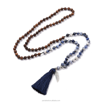 110cm Natural Sodalite and Wood Leaf Design Tassel Pendant Necklace