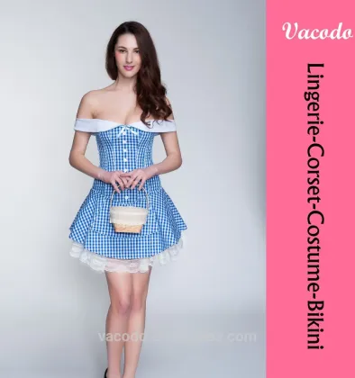 Vacodo Women Cotton Innocent Arm Sleeve tartan skirt Gardening Maid sexy Costume