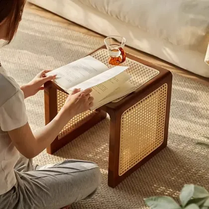 Solid Wood Rattan Storage Bench Cabinet