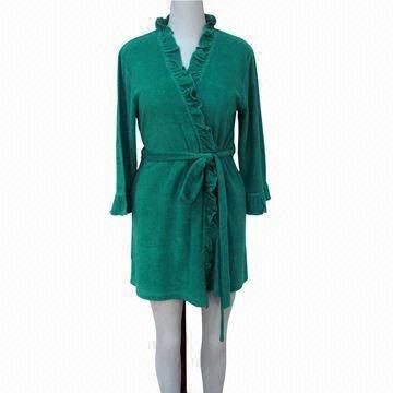 80% Cotton/20% Polyester Long Sleeved Women's Terry Robe, Open Placket with Frill