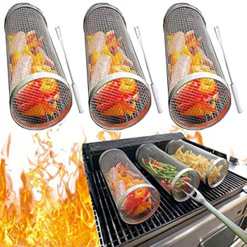 Rolling Grilling Basket: Ultimate Round Stainless Steel BBQ Grill Mesh for Camping and Delicious French Fries, Fish Barbecue