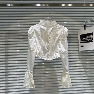 New French Style Bow Tie Lace Patchwork Sleeve Blouse - Women's Clothing Original Brand LE2015