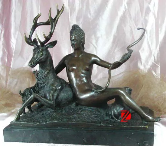 indoor bronze deer statue with lady sculpture