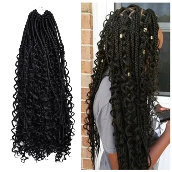 Hot Selling Black 20 Inch Hippie Locs Boho Style Faux Locs With Curly Hair Goddess Locs Crochet Synthetic Braids Hair Extensions