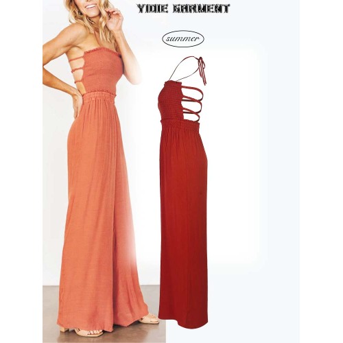 Cheesecloth Shirred Open Back Maxi Jumpsuit