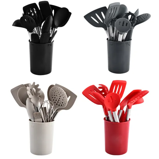 Green Kitchen Essentials: 15-Piece Silicone Set with Stainless Steel Handles for Non-Stick Cooking