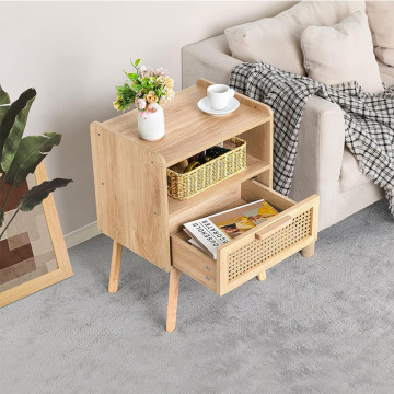 Medieval Modern Rattan Solid Wood Bedroom Bedside Table Nightstands