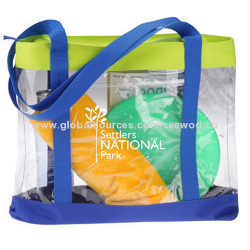 See-through zippered plastic tote bag, made of PVC and polyester