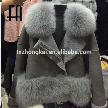 Factory wholesale price lady's lamb fur double face fur jacket with fox fur collar and hem