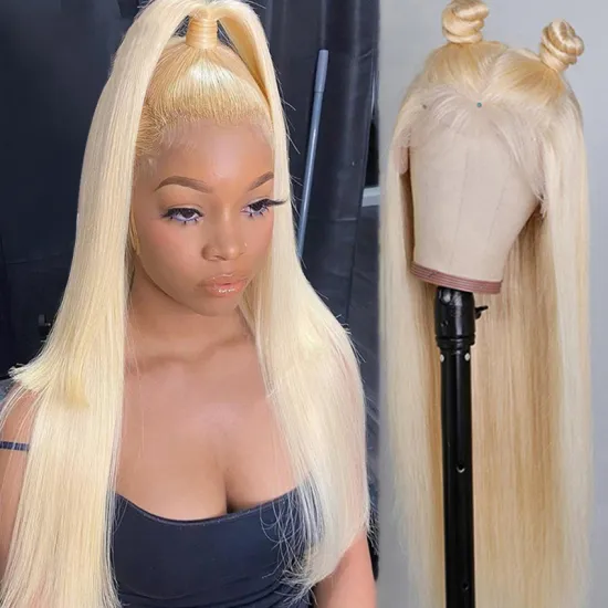 Top Quality Raw Hair Preplucked Glueless 40 Inch Human Hair Blonde Full Lace Wig In Stock Light Color 613 Wigs