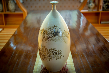 Farmhouse landscape underglaze color bottle