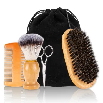 Private Label Men's Wood Boar Bristle Brush & Beard Grooming Kit