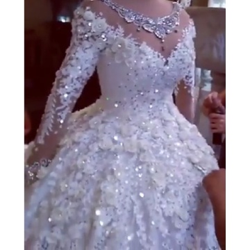 New African Crystal Wedding Dresses 2021 Full Sleeves Beaded Puffy Bridal Gowns 3D Flower Lace Wedding Gowns Robe De Mariee