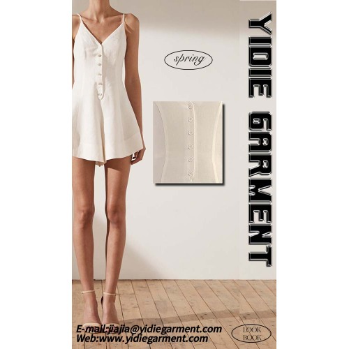 Linen Blend Button Flared Spaghetti Strap Short Playsuit