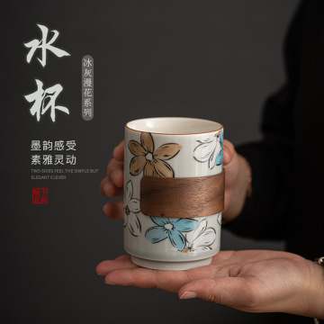Ice Gray Glaze Japanese Style Manhua Ceramic Cup - Cherry Blossom Tea Set