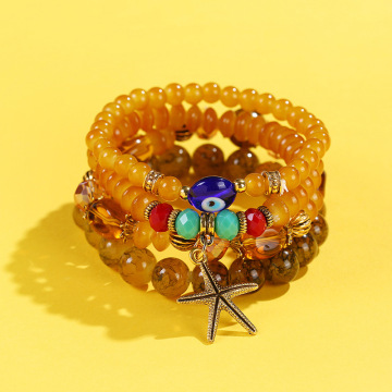 Vintage-Style Starfish Evil Eye Resin Glass Bead Multi-Layer Women's Bohemian Bracelet Set: Unique Jewelry Accessory