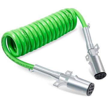 7 Way Coiled Trailer Cord 15 FT Green ABS Electrical Power Cable for Semi Trucks and Tractors