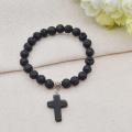 Natural Lava Stone Chakra Gemstone 8MM Round Beads Charms Bracelet with Cross