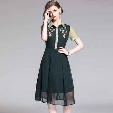 Short Sleeve Collared Embroidered Dress For Office Lady