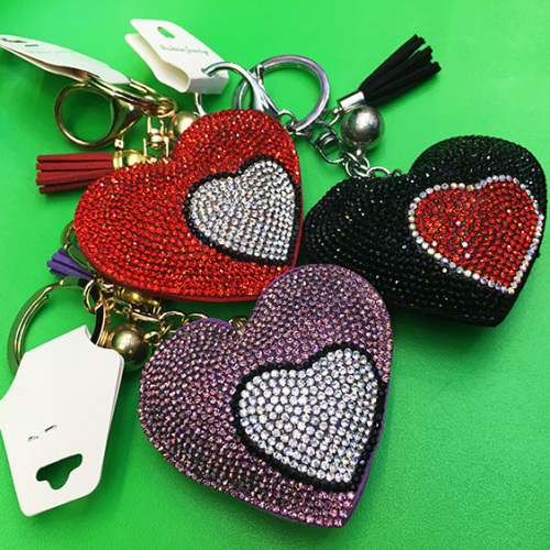 Heart Pendant Multicolor Rhinestone Leather Fringed Keychain