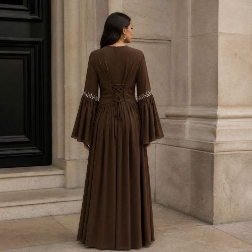 Luxury Solid Rhinestone Qurxiyey Flare Sleeve Abaya
