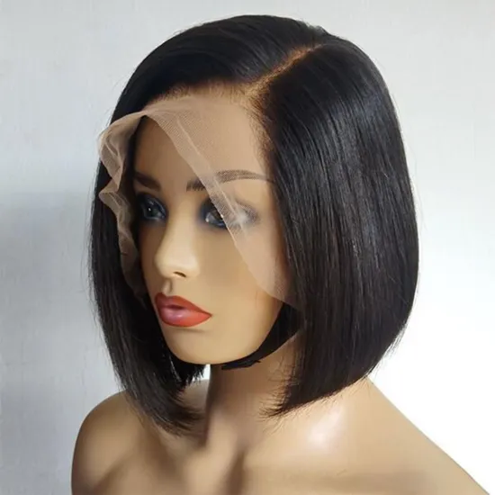 8 10 12 14 inch l part lace front bob wig with natural feel, left side part straight lace frontal human hair short bob wigs