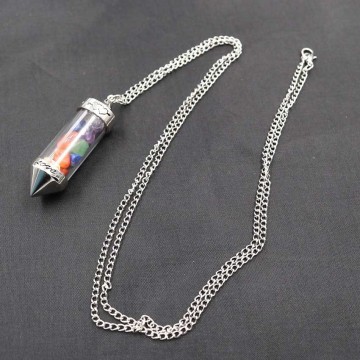 Healing Stone Chip 7 Chakra Pendulum Crystal Pendant Necklace with 80cm Chain Wish Bottle Necklace Dowsing Amulet