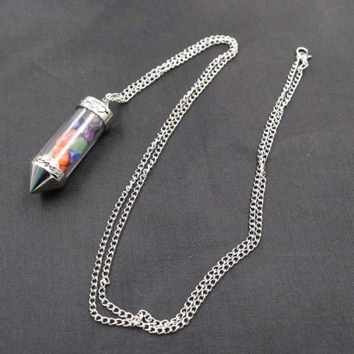 Healing Stone Chip 7 Chakra Pendulum Crystal Pendant Necklace with 80cm Chain Wish Bottle Necklace Dowsing Amulet