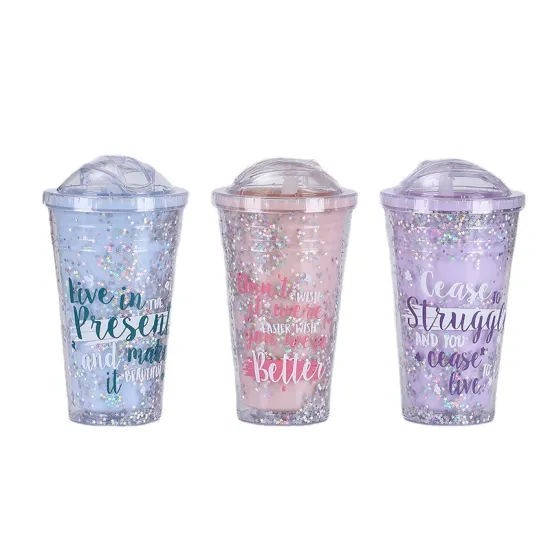 Wholesale Insulated Reusable Drink Cups: Glitter Glam Tumblers, 450ML Plastic Water Cups with Lids and Straws