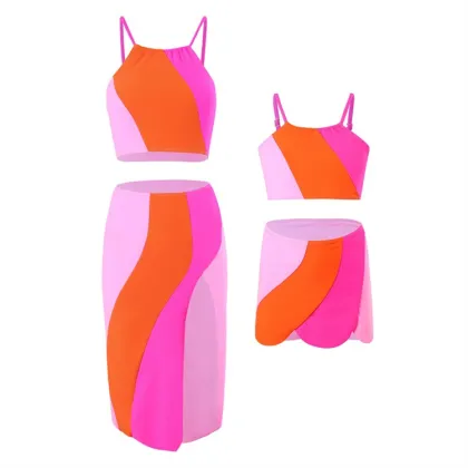 2024 New Nylon Color Block Split Swimsuit Set with Skirt