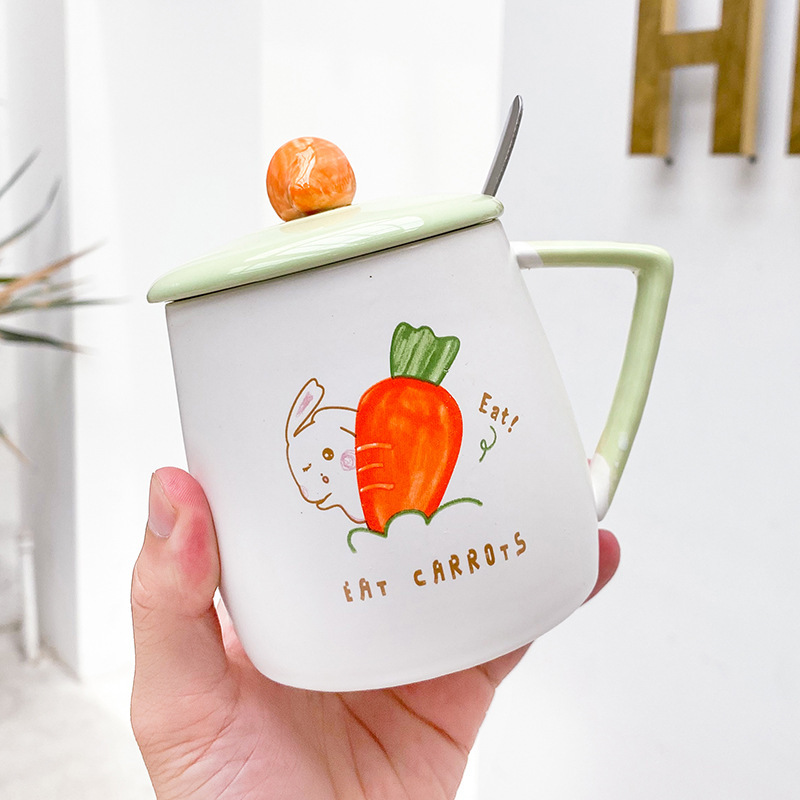 Cartoon cute radish rabbit ceramic cup with lid spoon simple mug small fresh household milk cup