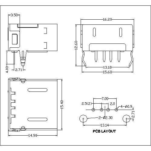 UAFR13 13-USB A Type Receptacle Angle DIP Full shield 