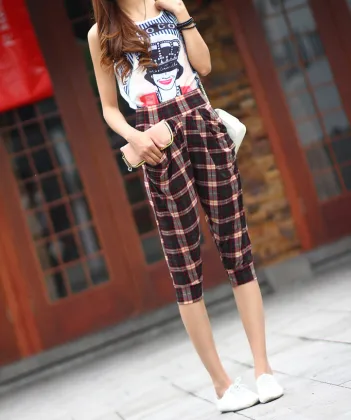 2016 The New Hot Sale Korean Women Plaid Seven Point Harem Casual Pants For Female C7504