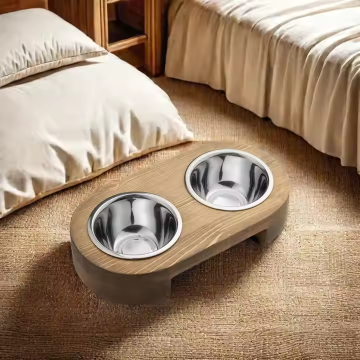 Wooden Ceramic Pet Bowl with Non-Slip Mat for Food and Water