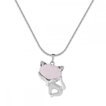 Rose Quartz Luck Fox Necklace for Women Men Healing Energy Crystal Amulet Animal Pendant Gemstone Jewelry Gifts