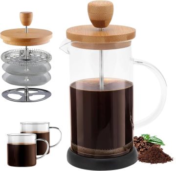 350ml Handmade French Press Coffee Brewer - High Borosilicate Glass & Bamboo Design