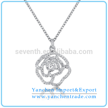 Fashion Flower Pendant Necklace with Rhodium Plated Shiny CZ Diamond