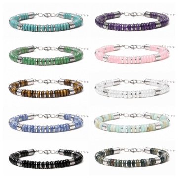 Gemstone Disc Beaded Bracelet Natural Stone D6X3MM Disc Beads Bracelets Crystal Beads Bracelet Adjustable Silver Chain