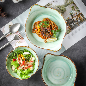 RY019 Emerald Green Ceramic Dishes: Dinner Plates, Tea Cups, and Saucers for Home