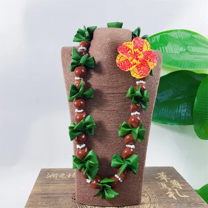 Hand-made Kukui Ti Leaf Mango Shell Lei