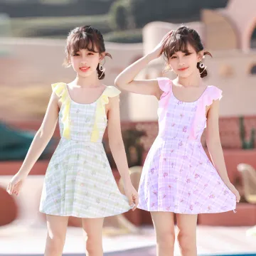 Korean Style Female Middle Child Princess One-Piece Dress with Floral Pattern, Lace Trim, and Swimwear