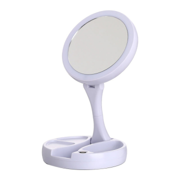 Compact Foldable Tabletop Mirror with LED Light and Storage for Travel