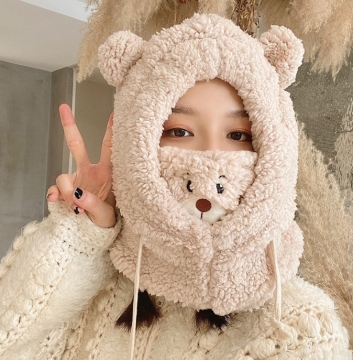 Cozy Winter Accessories: Bear Print Scarf, Hat, and Mask Made of Lamb Wool