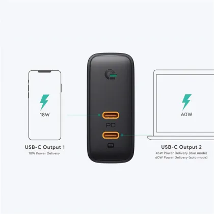AUKEY PA-D5 60W Dual-Port PD Wall Charger - EU Standard Black